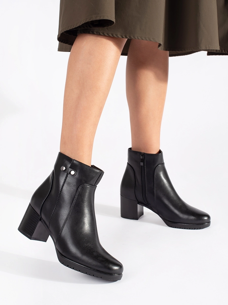 Botine clasice pentru femei, negre, cu toc lat