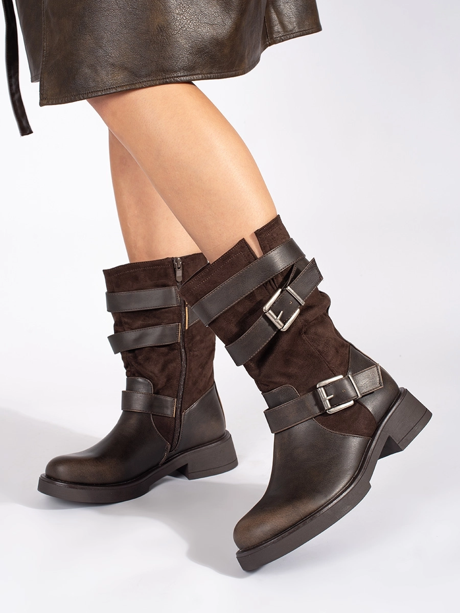 Botine maro pentru femei la modă, cu toc lat