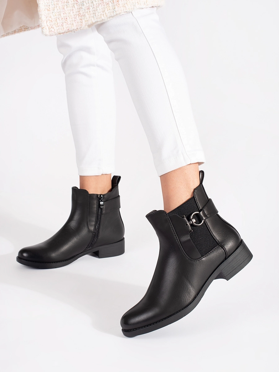 Botine negre confortabile pentru femei cu toc plat