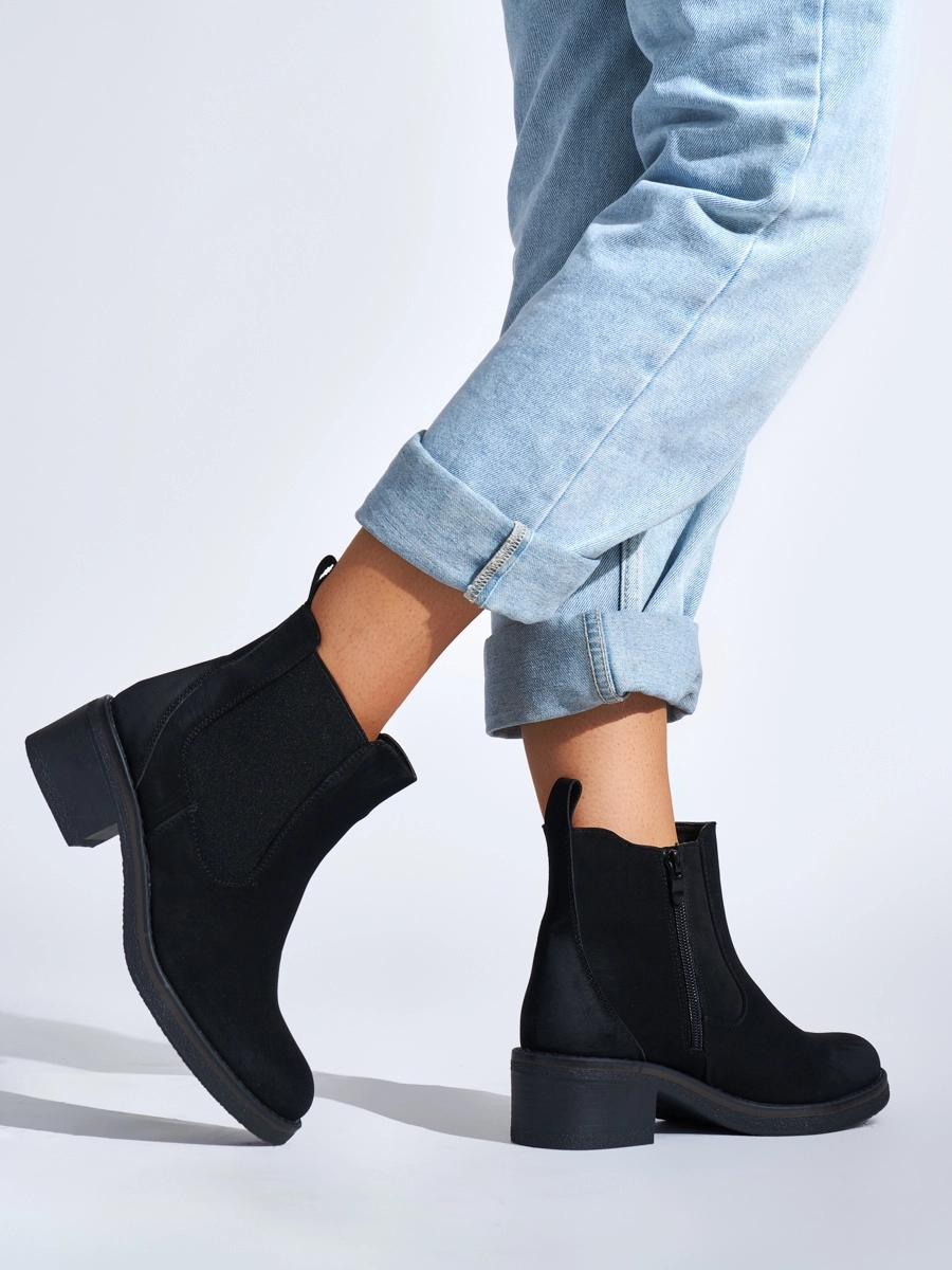Botine negre pentru femei, la modă, cu toc lat